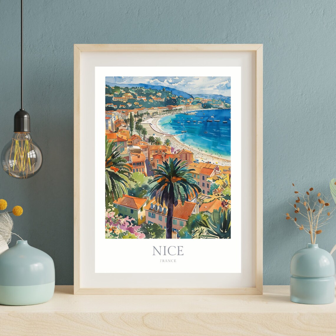 Nice France Riviera Coastline Palm Beach Watercolor Travel Poster - Image 2