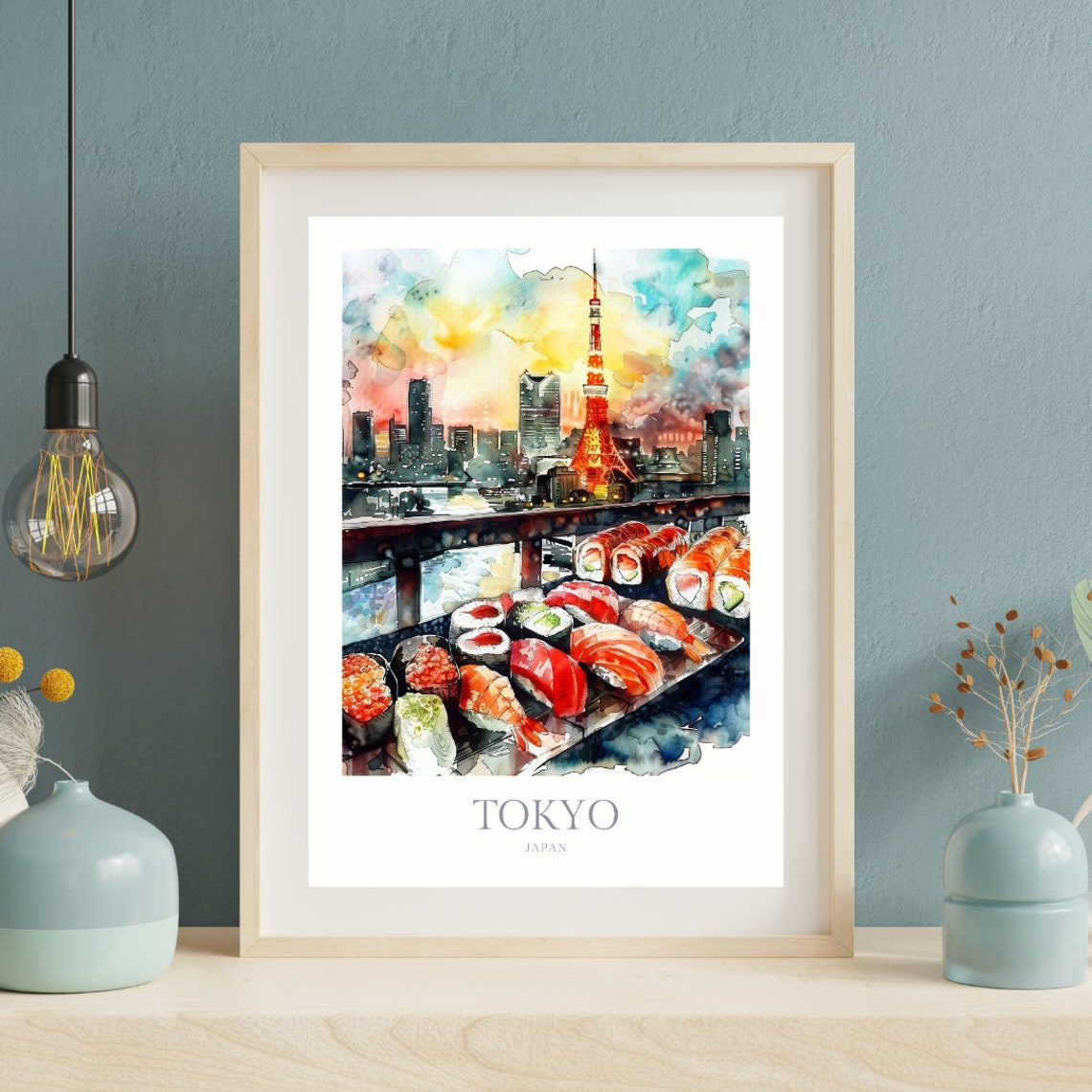Tokyo Japan Sushi Platter Tokyo Tower Watercolor Travel Poster - Image 2