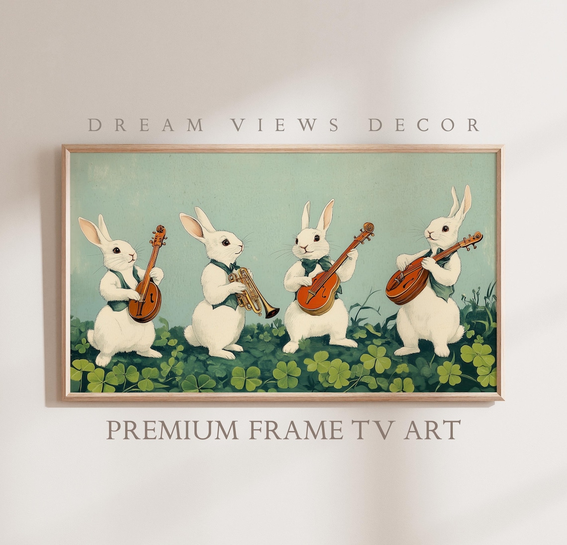 Vintage Easter Bunny Quartet Playing Instruments In Clover Meadow Art Print