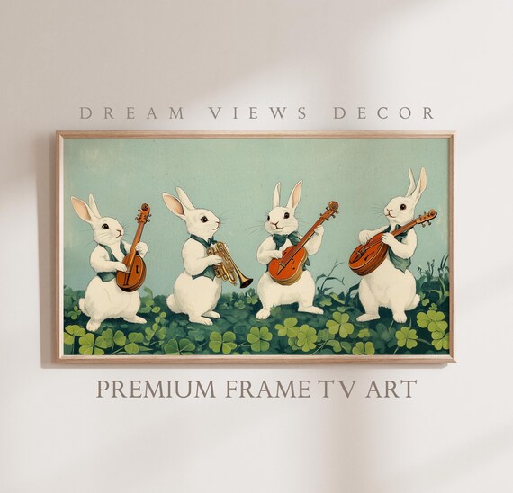 Vintage Easter Bunny Quartet Playing Instruments In Clover Meadow Art Print
