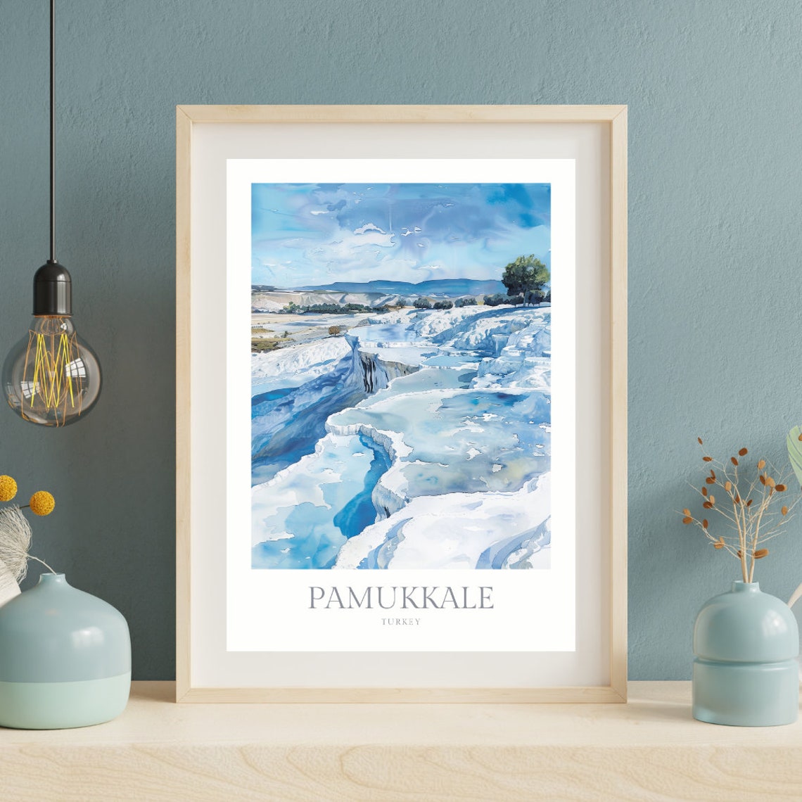 Pamukkale Turkey Travertine Terraces Blue Water Watercolor Poster - Image 2