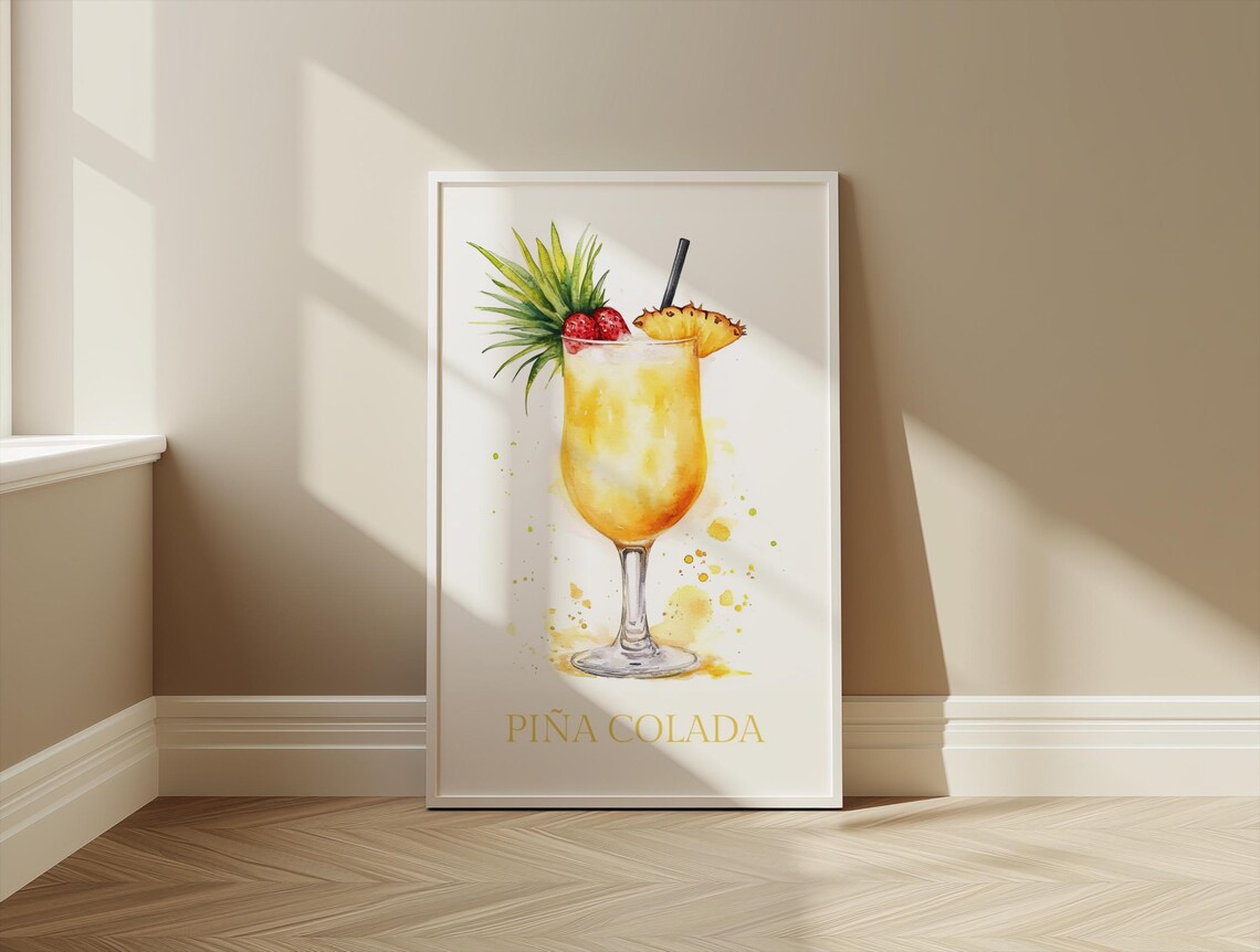Pina Colada Tropical Watercolor Cocktail Poster Bar Decor Art - Image 3