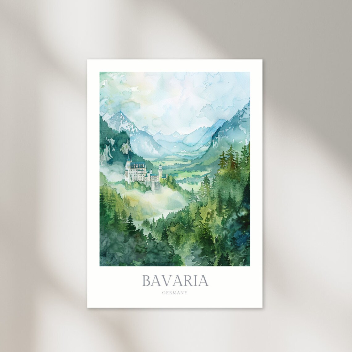 Bavaria Germany Watercolor Travel Poster, Neuschwanstein