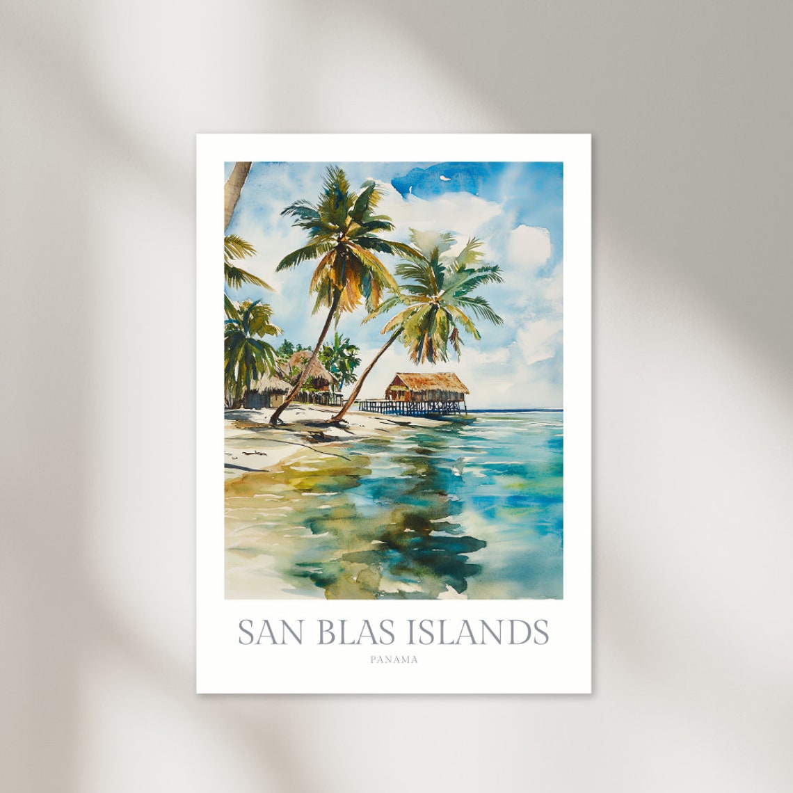 San Blas Islands Palm Hut Caribbean Beach Watercolor Art Poster