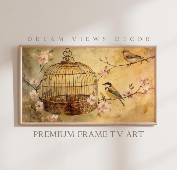 Vintage Birdcage Blossom Branch Birds Antique Spring Painting Wall Art
