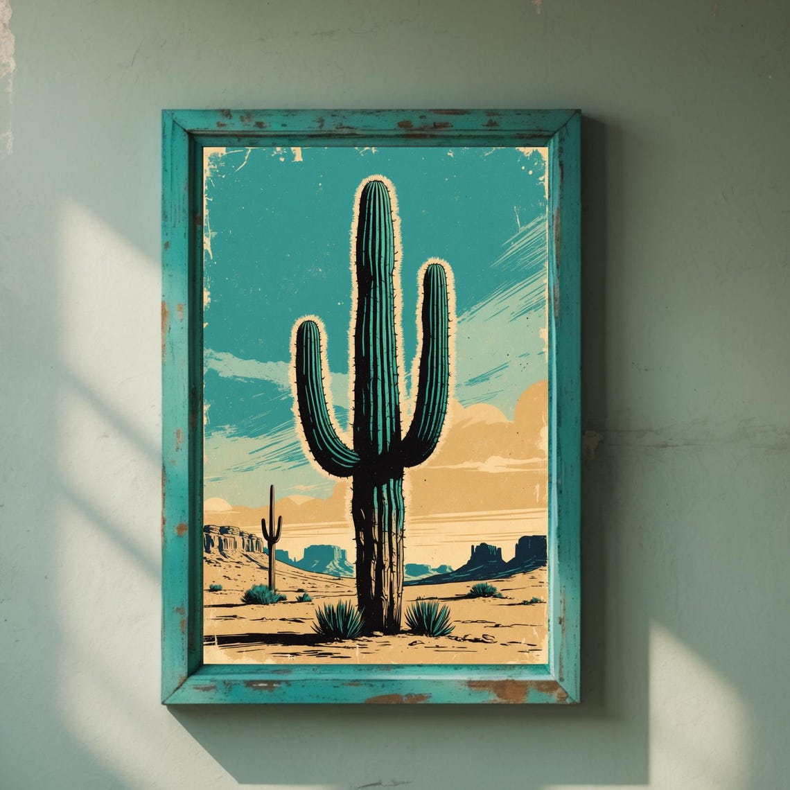 Saguaro Cactus Desert Teal Sky Retro Western Sunset Art Poster