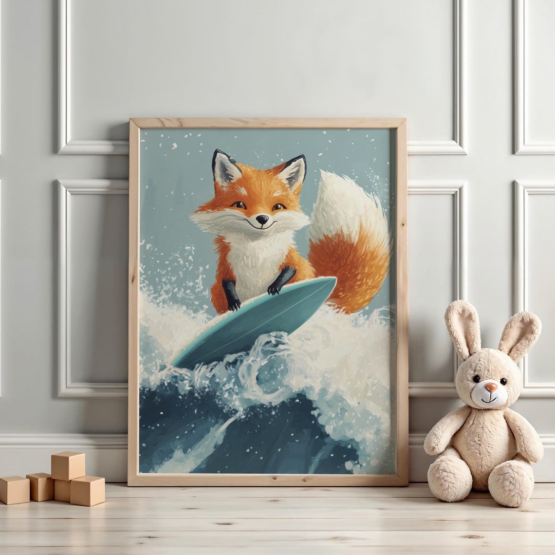Cute Happy Fox Surfing a Big Ocean Wave Nursery Animal Art Poster