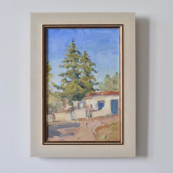 Original Framed Landscape Oil Painting On Canvas Impressionistic Greek Landscape With Pine Trees And A House European Fine Art Unique