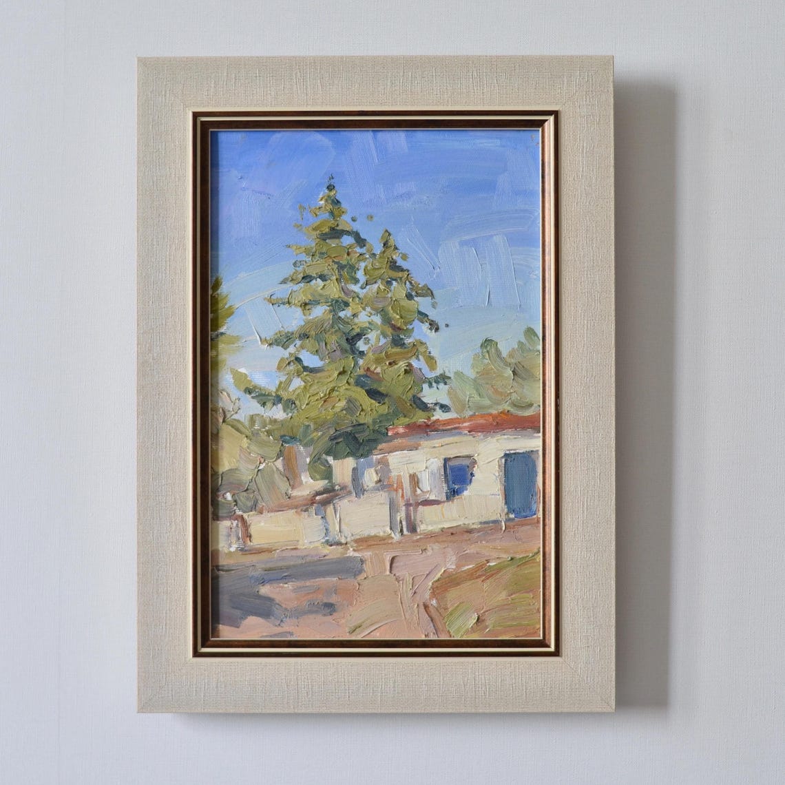 Tall Pine Tree Beside Greek Village House Sunny Mediterranean Poster
