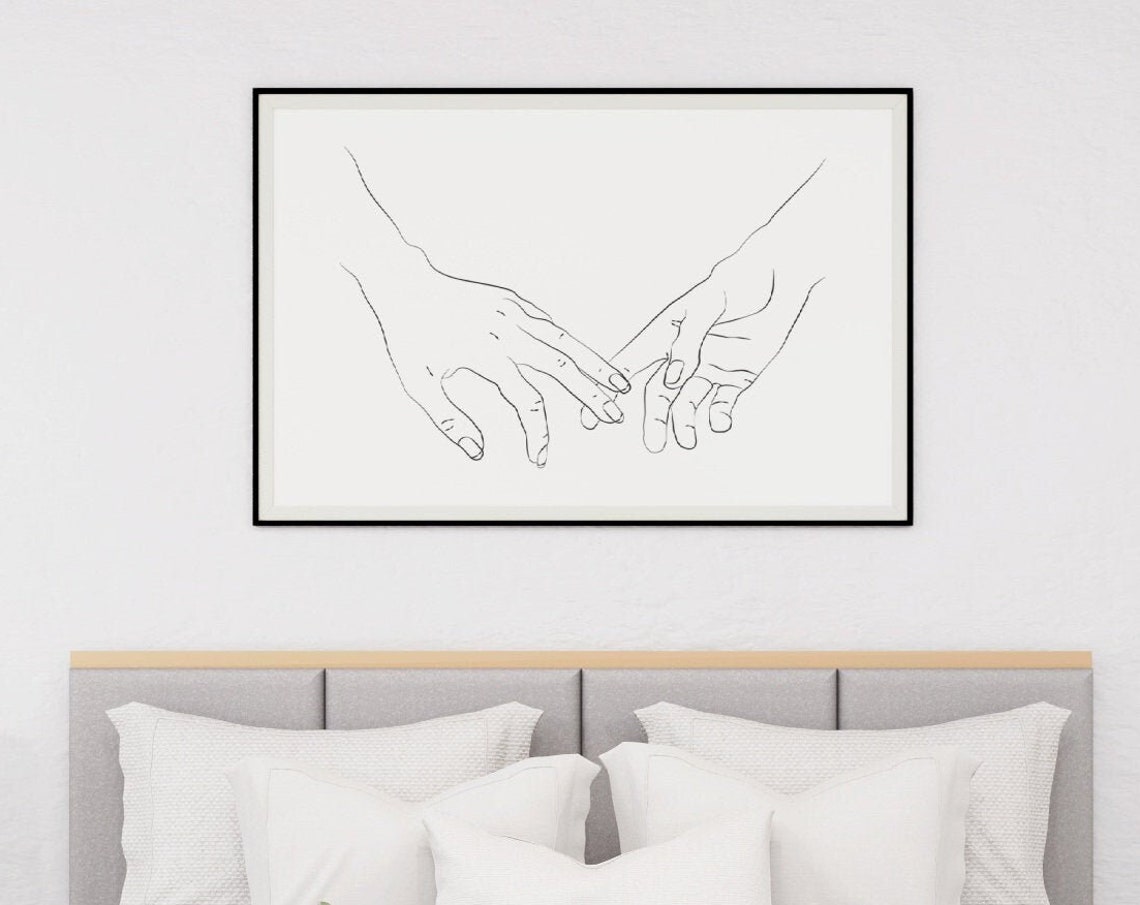 Minimalist Two Hands Reaching Fingertips Touching Line Art Poster