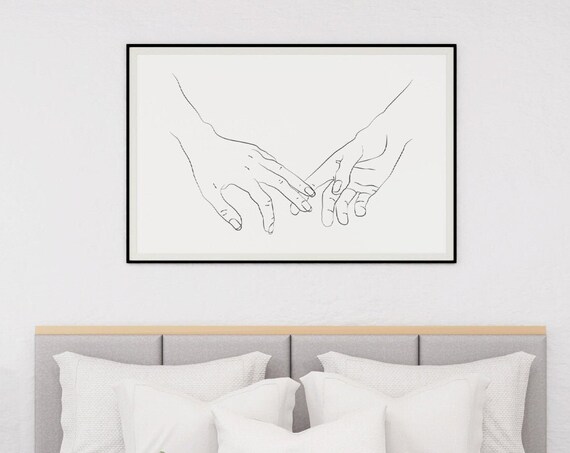 Horizontal Hands Poster Holding Print Two Drawing Line Art Above Bed Couple Fine