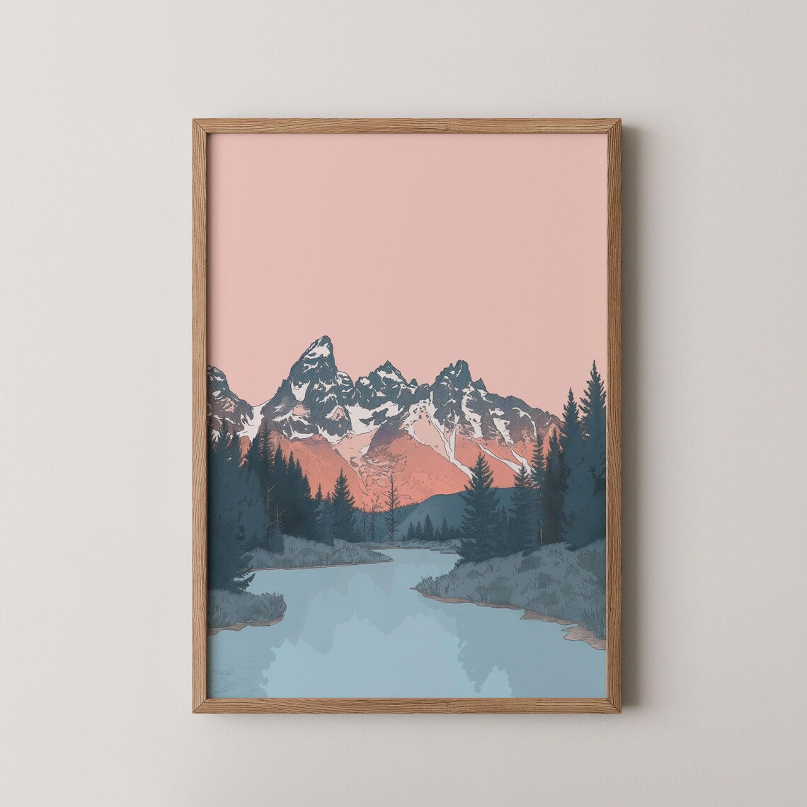 Grand Teton Mountain Lake Reflection Pink Sky Nature Art Poster