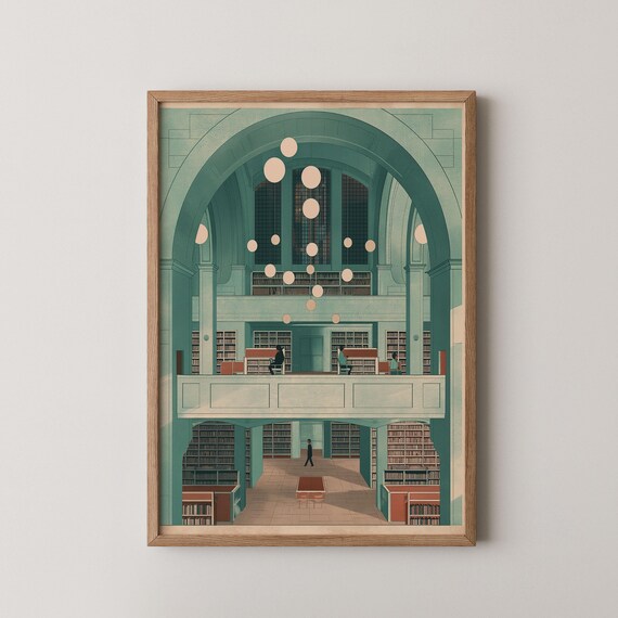 Grand Library Reading Hall Bookshelves Elegant Interior Art Poster