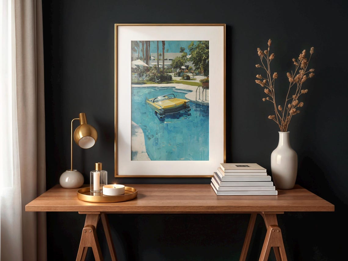 Yellow Convertible in Swimming Pool Surreal Art Print with Palm Trees