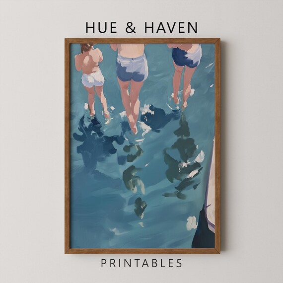 Jumping Into Ocean Water Aerial Painterly Summer Swimming Art Poster
