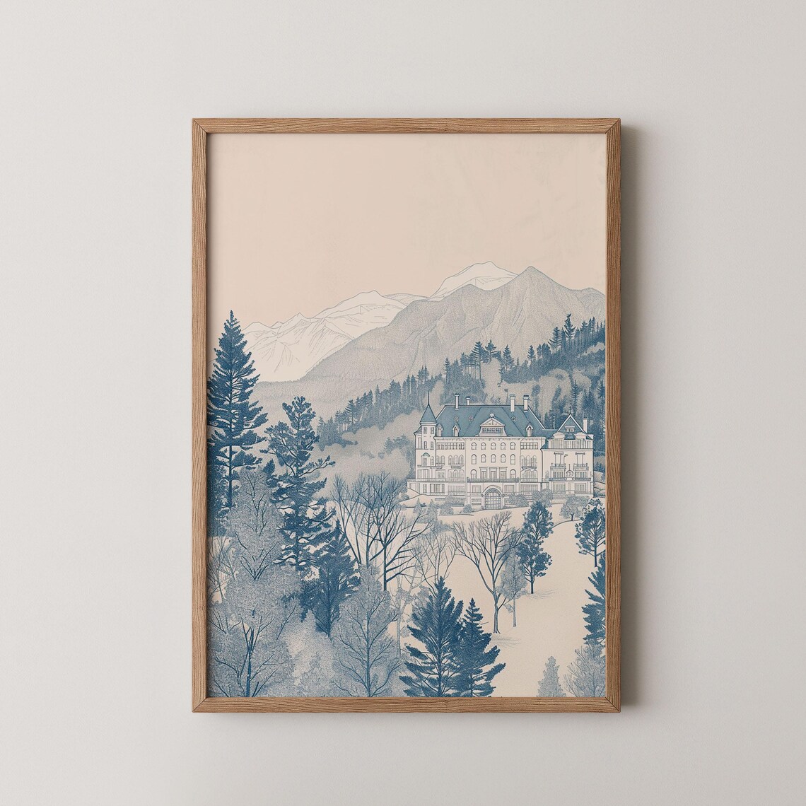 Blue Line Art Mountain Lodge Pine Forest Alpine Retreat Poster