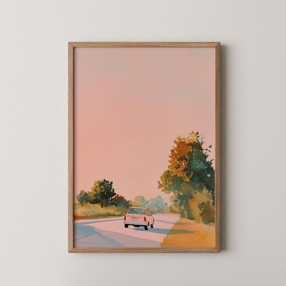 Sunrise Drive Vintage Car Country Road Pink Sky Minimalist Road Art Poster