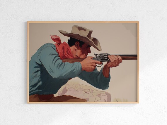 Vintage Western Cowboy Aiming Rifle Rustic Frontier Art Poster
