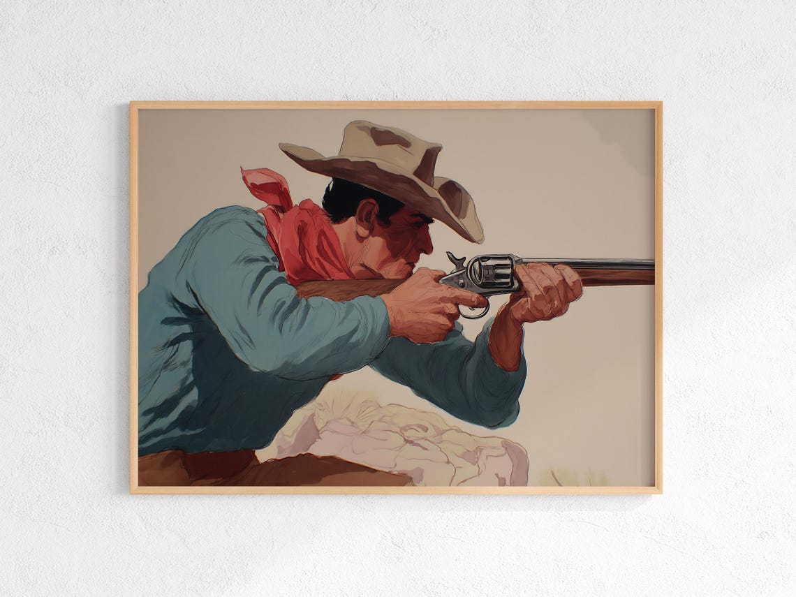 Vintage Western Cowboy Aiming Rifle Rustic Frontier Art Poster