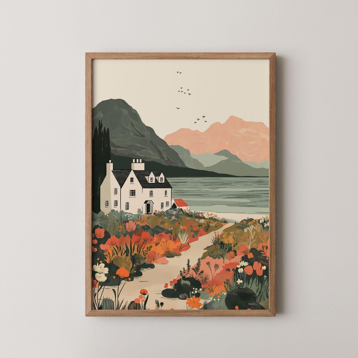 Coastal Cottage Wildflower Garden Art Print with Lake and Mountains