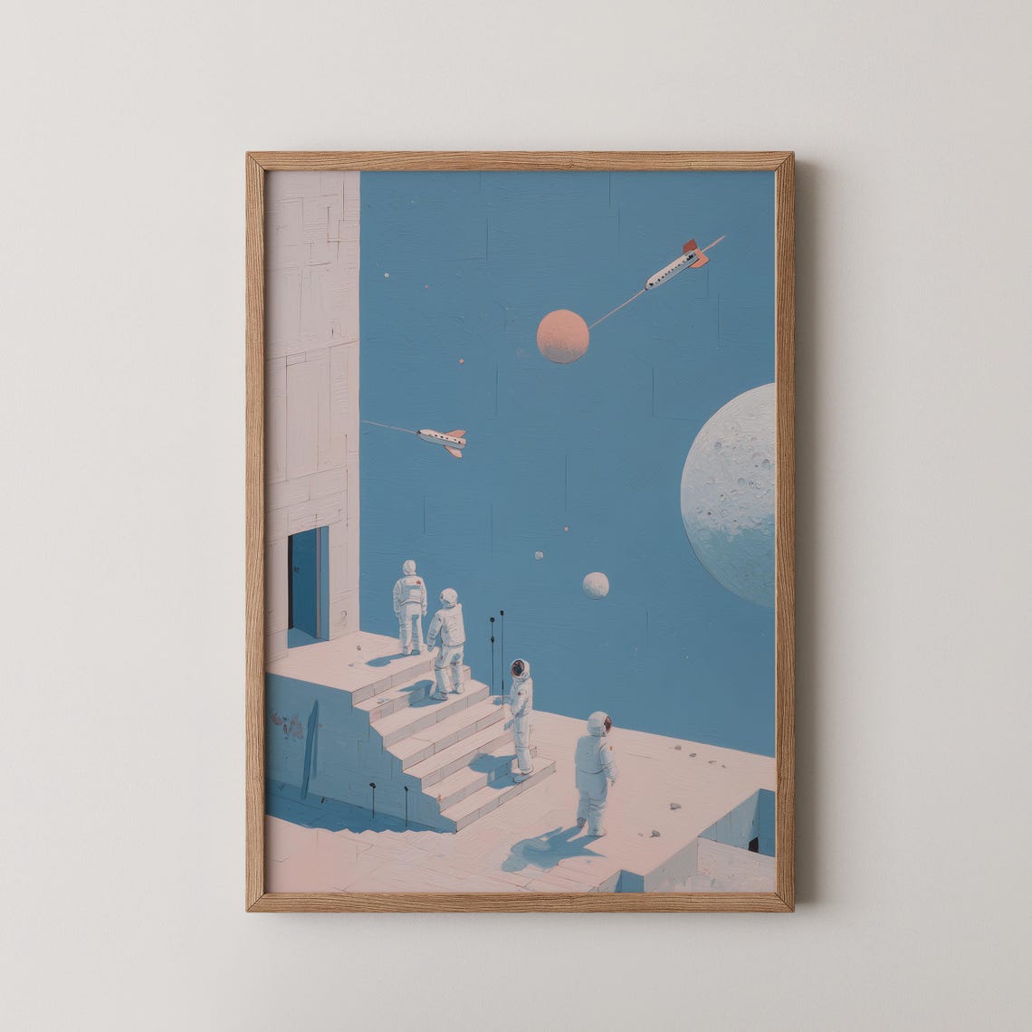Surreal Retro Space Art Astronauts Rockets Floating Steps Poster