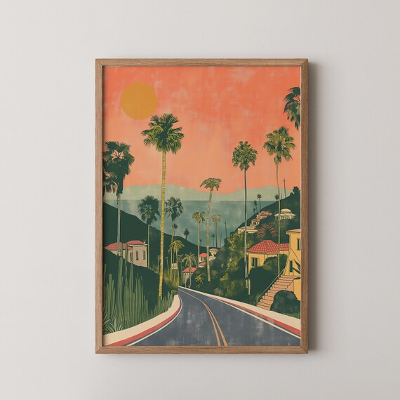 Sunset Boulevard Retro Los Angeles Palms Winding Road Vintage Travel Poster
