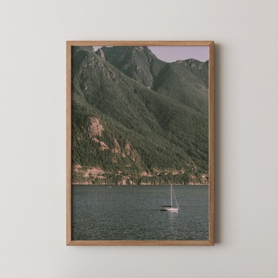 Sailboat Mountain Lake Forest Peaks Serene Nature Photo Landscape Print