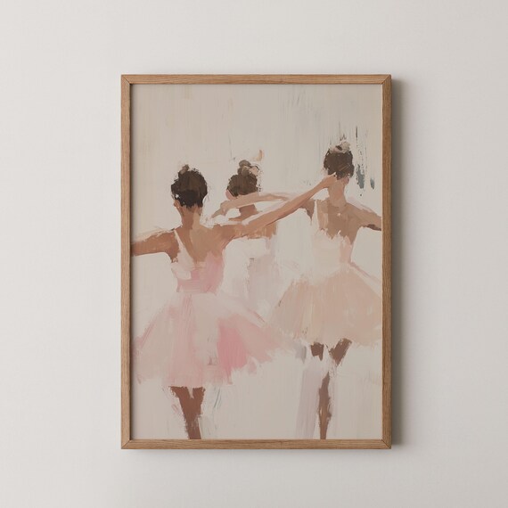 Three Ballerinas Pink Tutus Soft Oil Painting Dance Rehearsal Art Poster