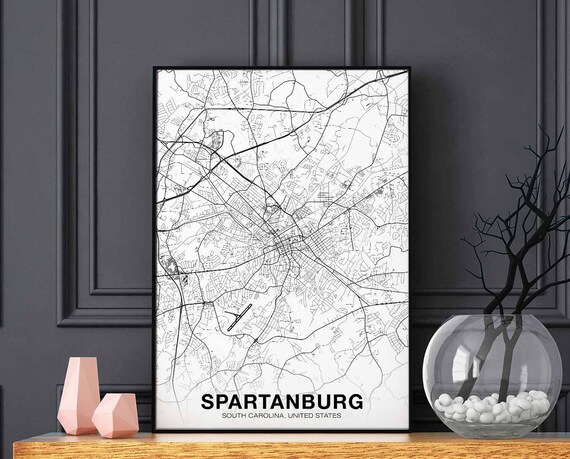 Spartanburg South Carolina Sc Usa Map Poster Black White Hometown City Print Modern Home Decor Office Decoration Wall Art Dorm Bedroom Gift