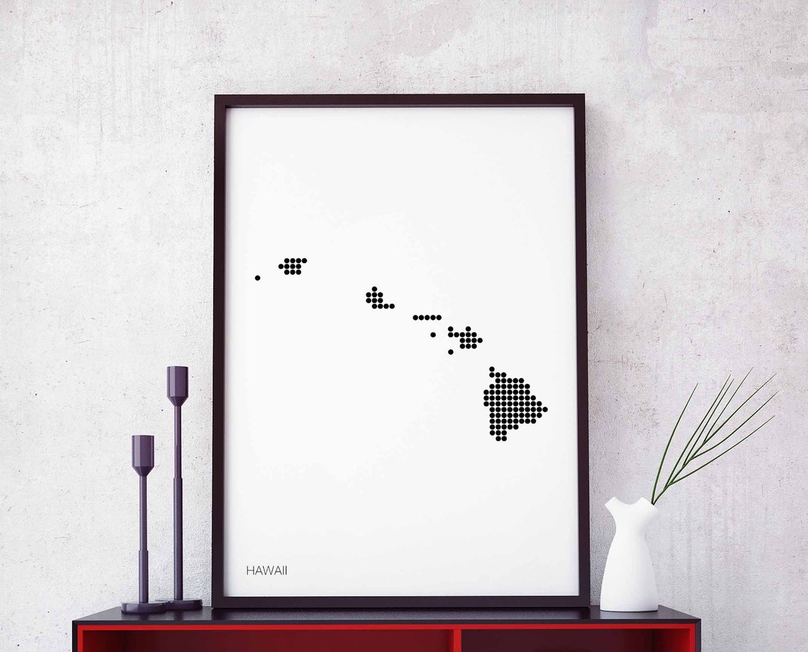 Hawaii Islands Dotted Map Black White Minimalist Pacific Island Poster