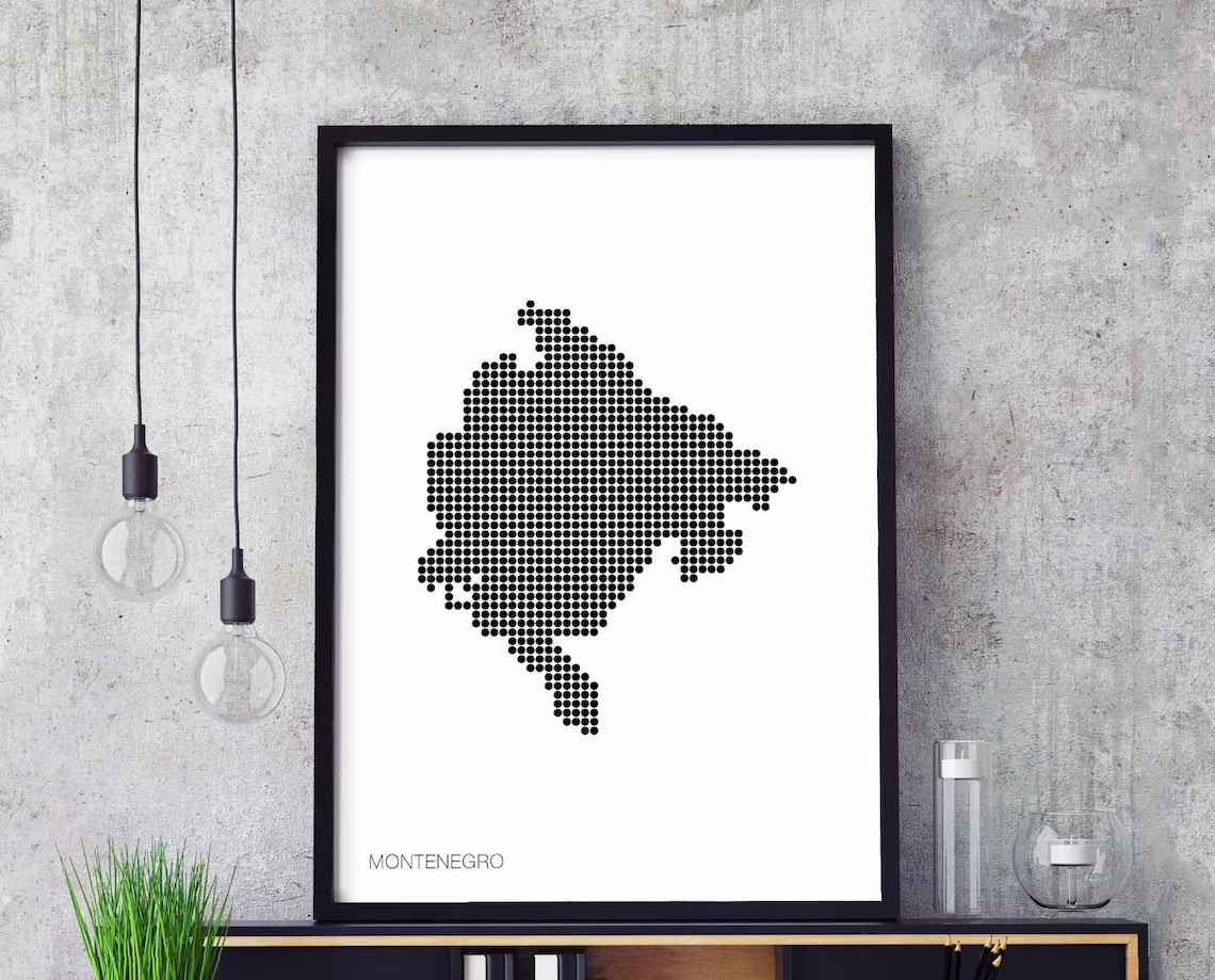 Montenegro Country Dotted Map Black White Minimalist Balkans Map Poster