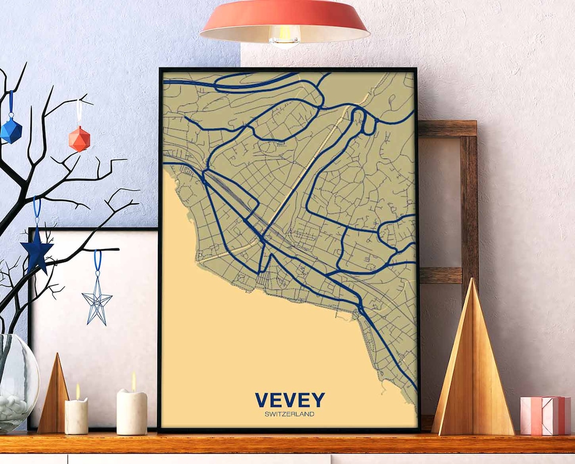 Vevey Switzerland Mustard Yellow Vintage Style Street Map Poster