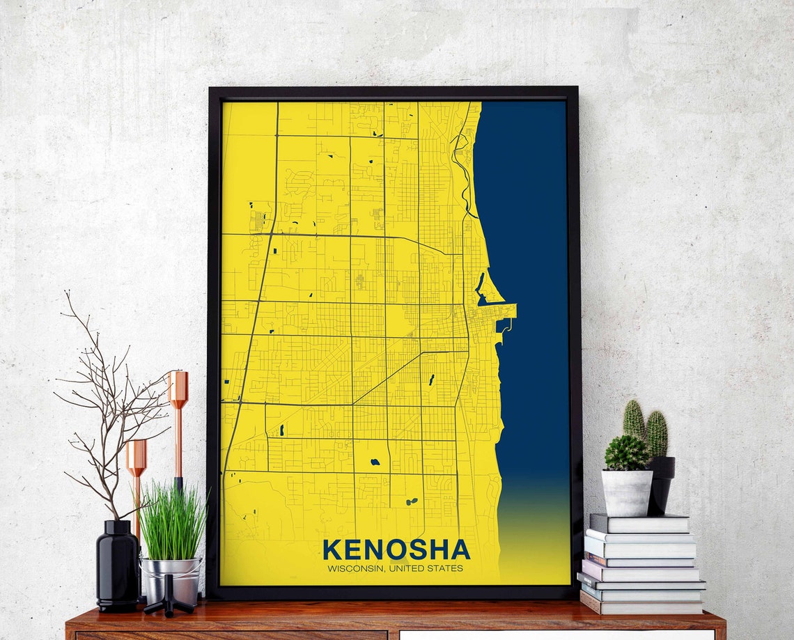 Kenosha Wisconsin Street Map Poster Yellow Blue Lake Michigan Hometown