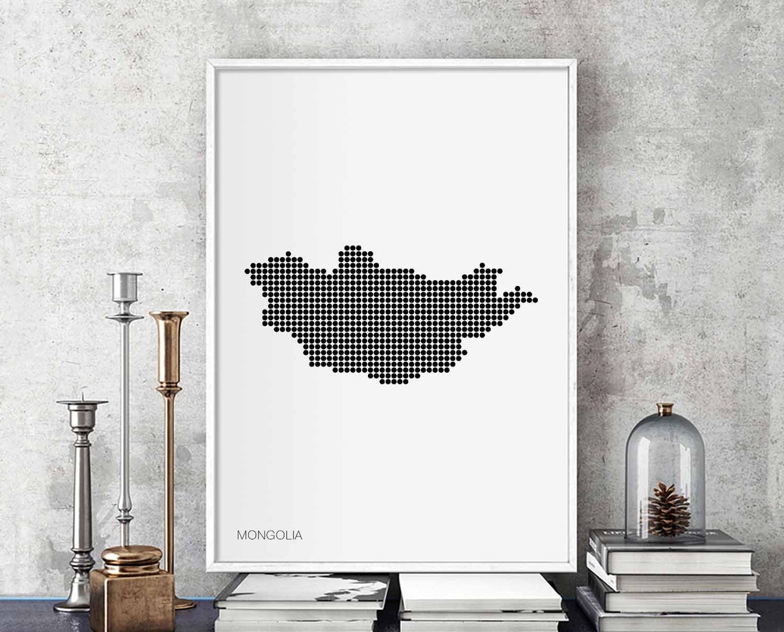 Mongolia Dotted Country Map Minimalist Black White Retro Style Poster