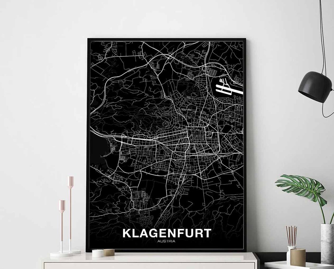 Klagenfurt Austria Black Minimalist City Street Map Hometown Gift Poster