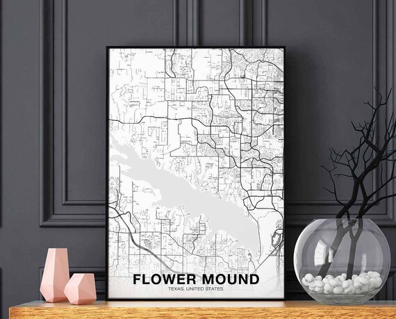 Flower Mound Texas Tx Usa Map Poster Black White Hometown City Print Modern Home Decor Office Decoration Wall Art Dorm Bedroom Gift