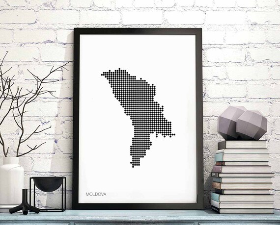 Moldova Minimal Dots Retro Map Poster Black White Wall Decor Design Modern Swiss Scandinavian Nordic Housewarming Travel