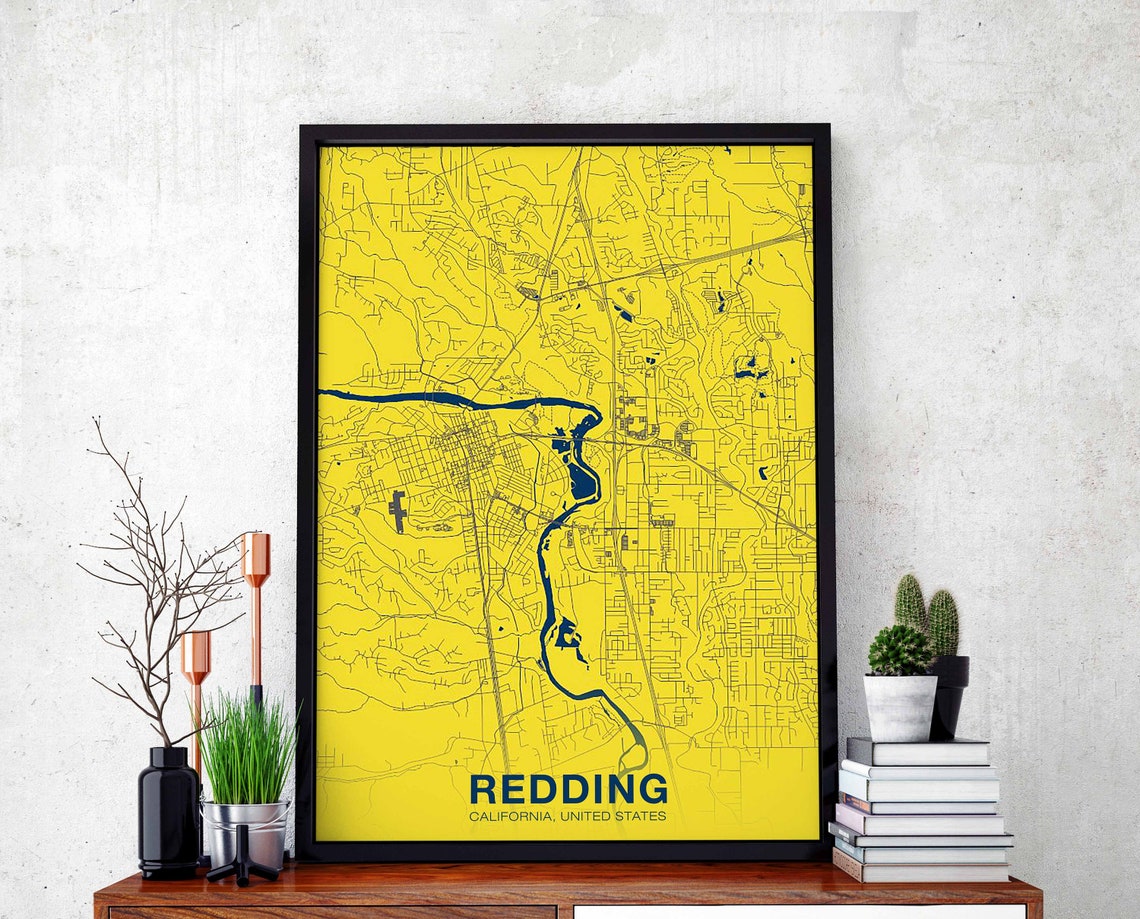 Redding California Bright Yellow City Street Map Artwork Poster