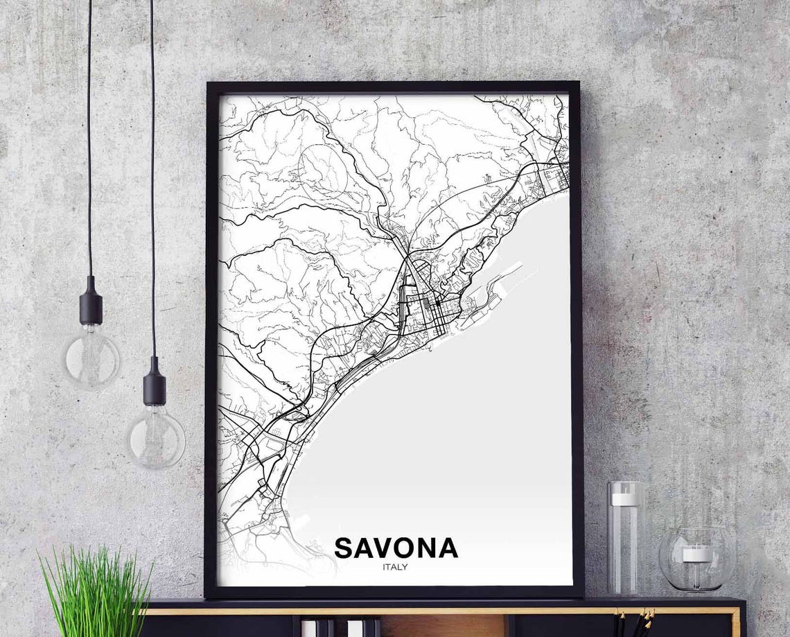 Savona Italy City Street Map Black and White Modern Decor Poster