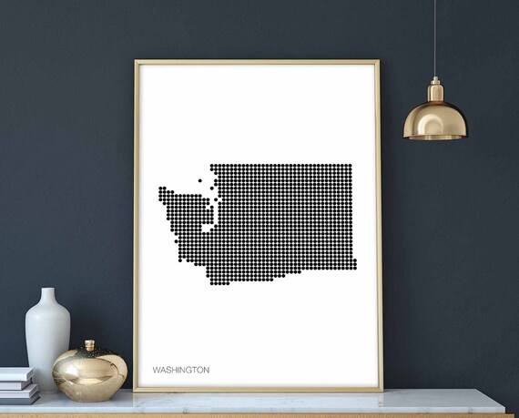 Washington Us State Minimal Dots Retro Map Poster Black White Wall Decor Design Modern Swiss Scandinavian Nordic Housewarming Travel
