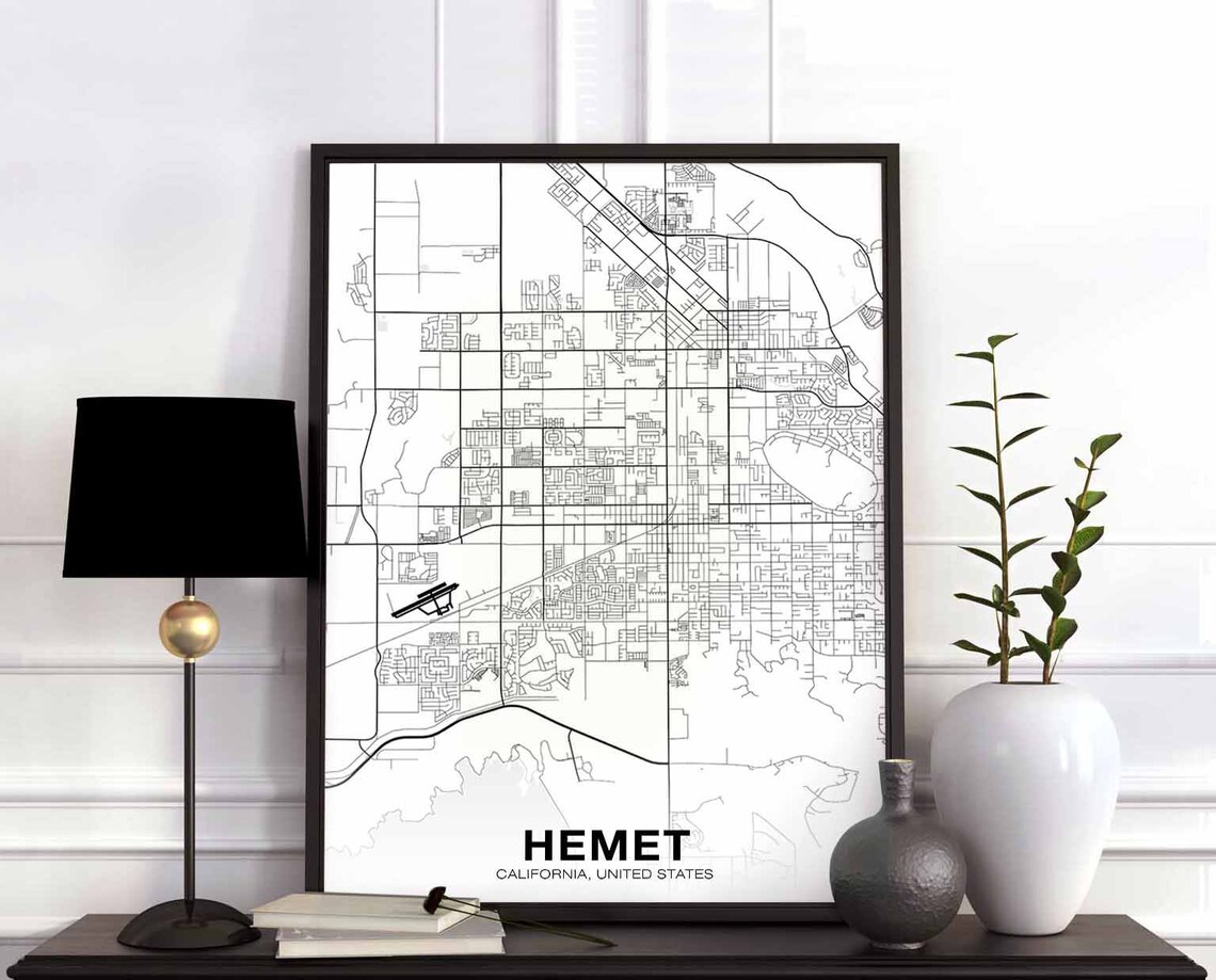 Hemet California Black and White Street Map Poster Minimalist Decor Gift