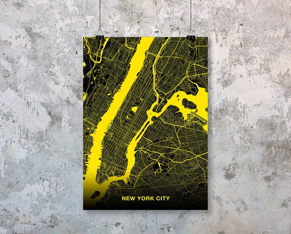 New York City Black and Yellow Bold Street Map Poster Wall Decor