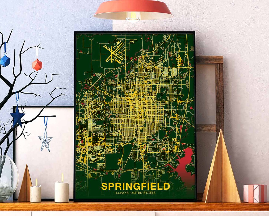 Springfield Illinois Green Yellow Full Bleed Street Map Poster