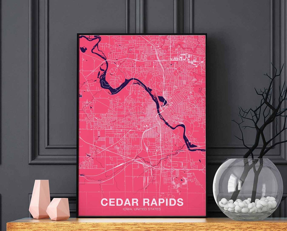 Cedar Rapids Iowa Pink City Street Map Bold Modern Hometown Poster