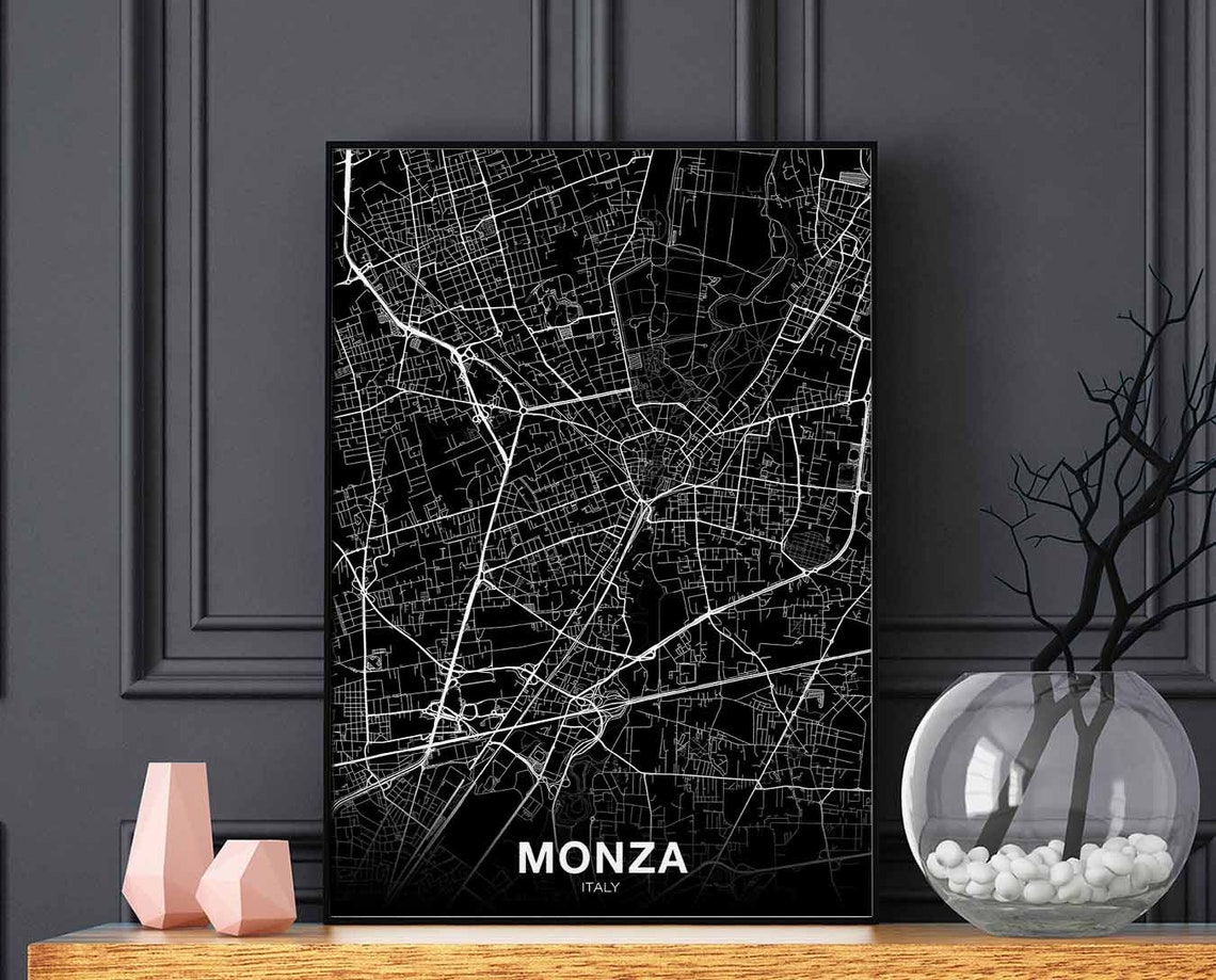 Monza Italy City Street Map White on Black Modern Minimalist Poster