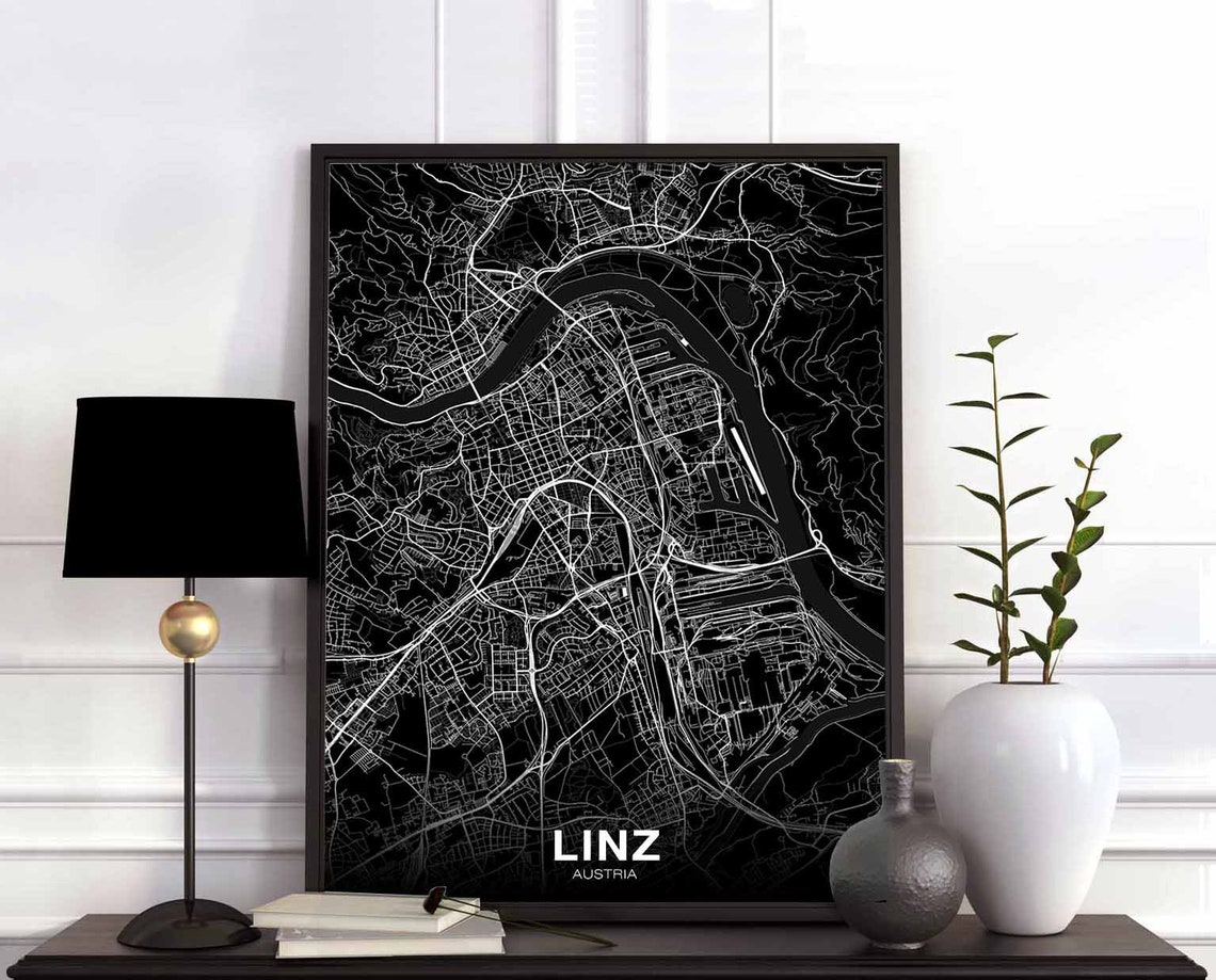 Linz Austria Elegant Black White Modern City Street Map Poster
