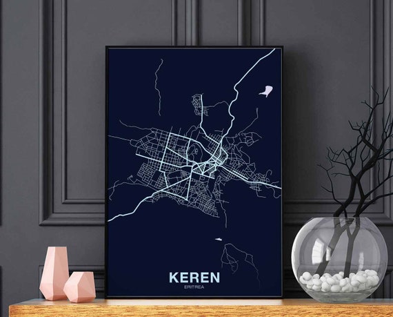 Keren Eritrea Night Blue Poster Black White Hometown City Print Modern Home Decor Office Decoration Wall Art Dorm Bedroom Gift