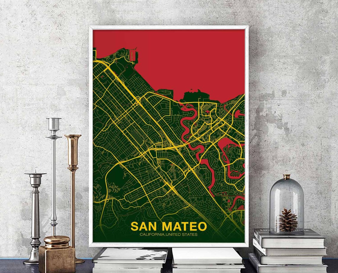 San Mateo California Map Green Yellow Bold City Street Poster