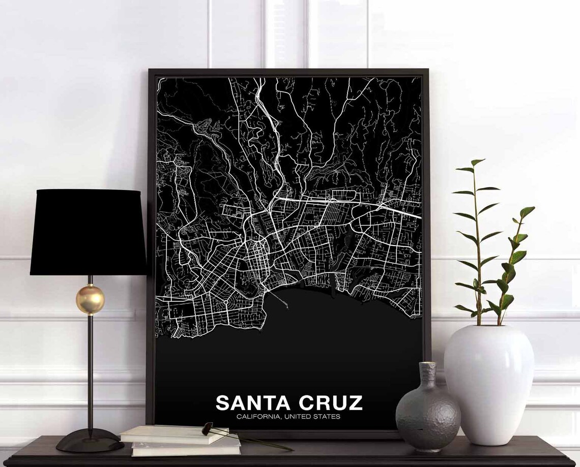 Santa Cruz California Street Map Black White Coastal City Poster