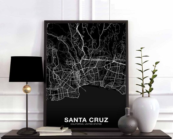 Santa Cruz California Street Map Black White Coastal City Poster